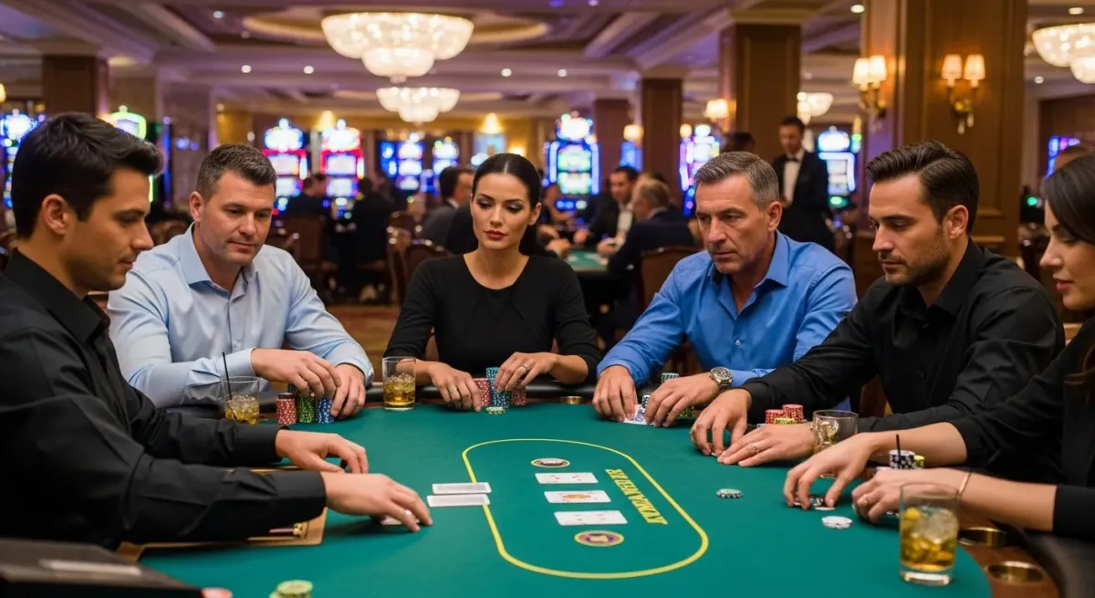 Smokace Casino Mehrere Spieler spielen Poker an einem grünen Pokertisch im Casino