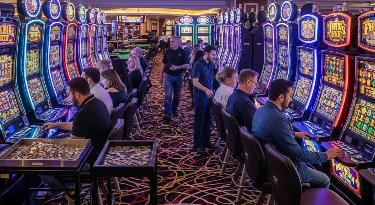 Smokace Casino Menschen spielen an vielen leuchtenden Spielautomaten im Casino