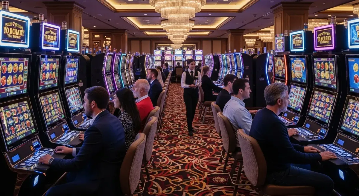 Smokace Casino Gäste spielen an zahlreichen leuchtenden Spielautomaten in einem Kasino