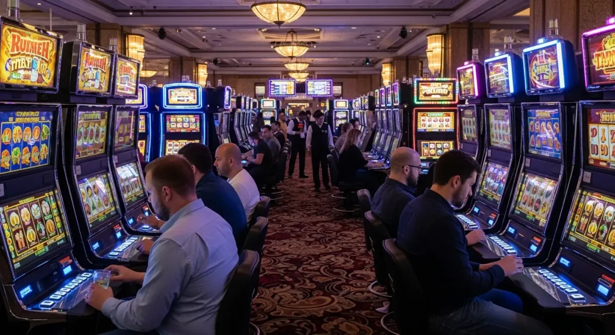 Smokace Casino Casino mit Spielern an leuchtenden Spielautomaten