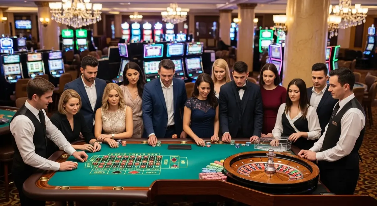 Smokace Casino Elegante Gäste spielen Roulette am Kasinotisch mit Croupier