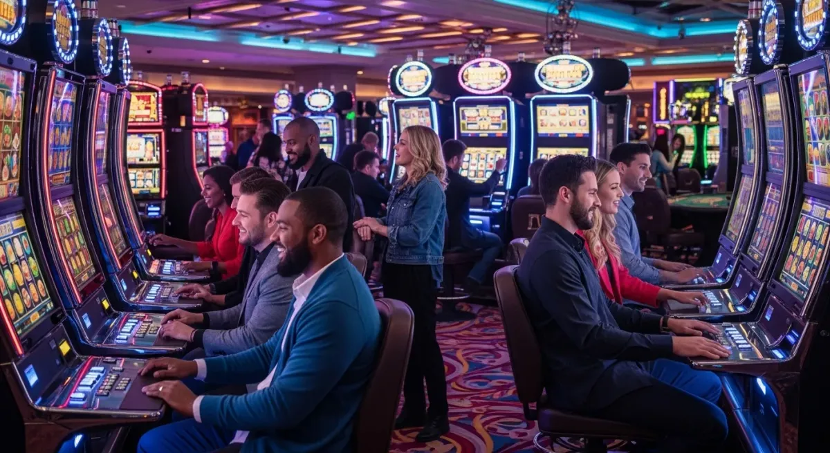 Smokace Casino Glückliche Menschen spielen an modernen Spielautomaten im Kasino