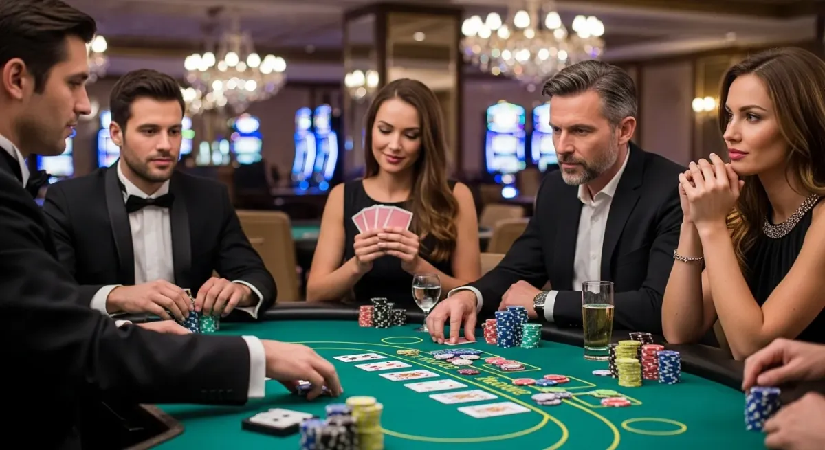 Smokace Casino Elegante Spieler beim Pokern am grünen Tisch im Casino