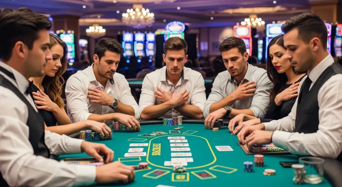 Smokace Casino Leute spielen Poker an einem Kasinotisch mit Chips und Karten