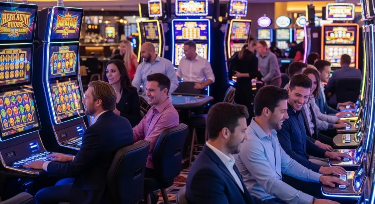 Smokace Casino Glückliche Menschen spielen an modernen Spielautomaten im Casino