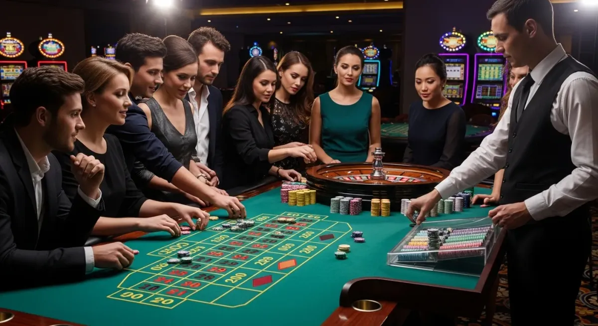 Smokace Casino Spieler und Croupier am Roulettetisch im Casino mit Jetons