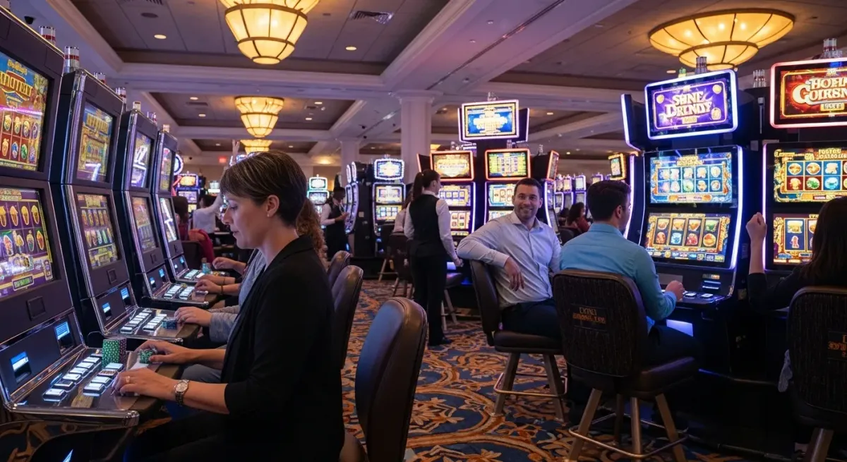 Smokace Casino Besucher spielen an leuchtenden Spielautomaten im Casino