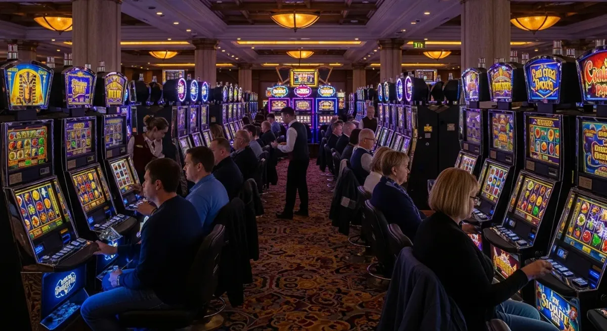 Smokace Casino Menschen spielen an Reihen von Spielautomaten in einem Casino