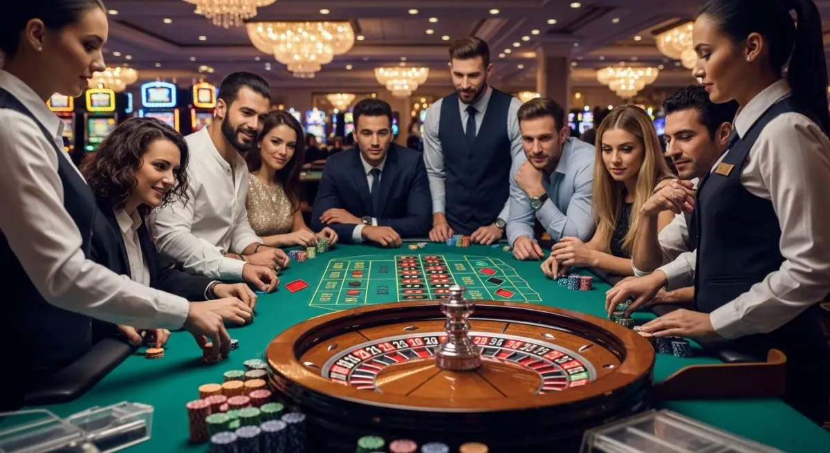 Smokace Casino Croupier und Spieler am Roulettetisch im eleganten Casino